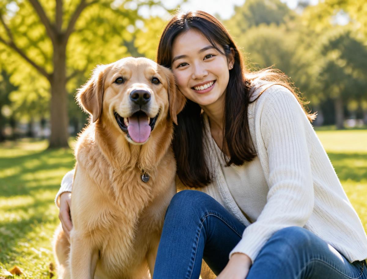Perro feliz junto a su dueña en el parque